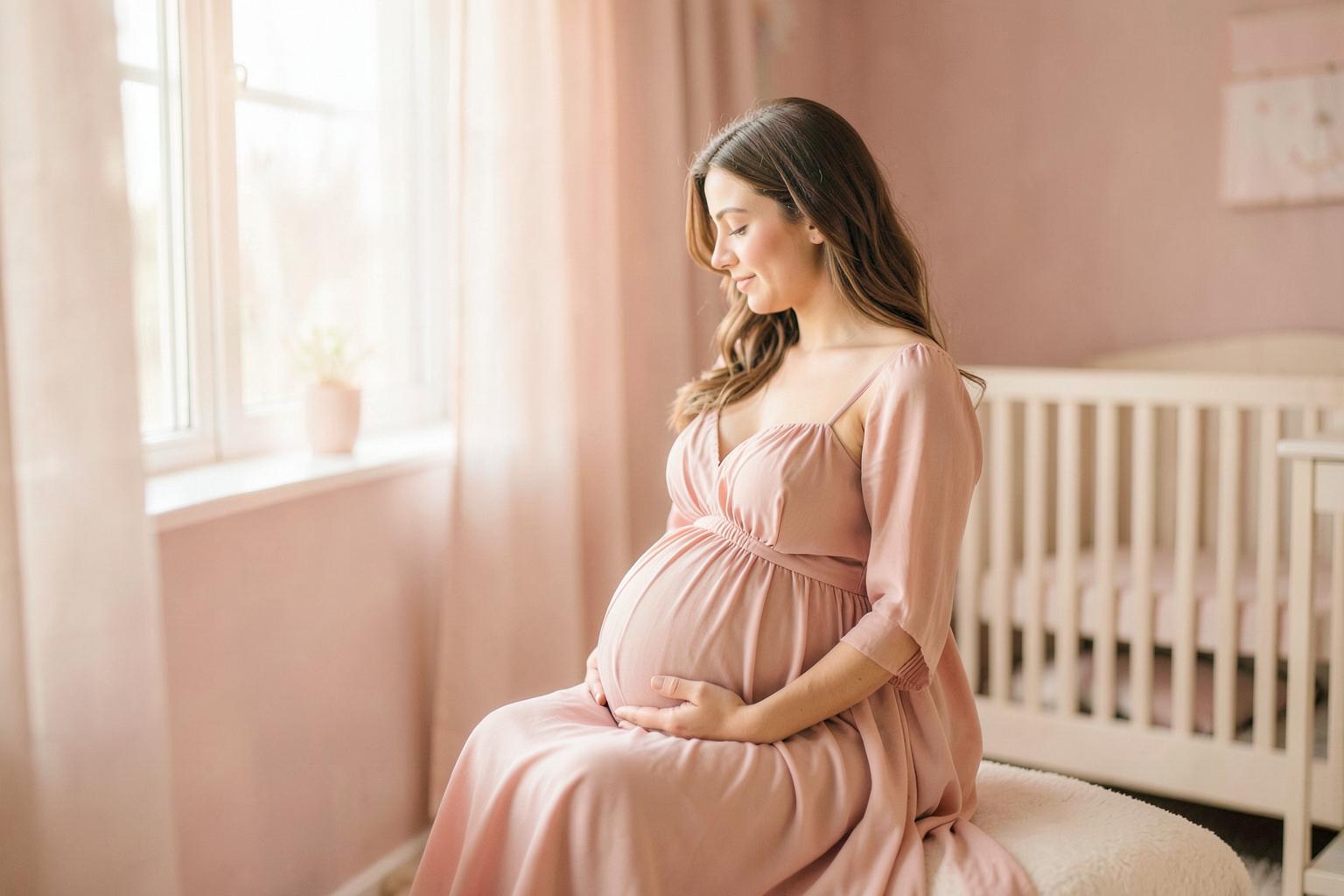 Expecting mother resting in a soft pink nursery